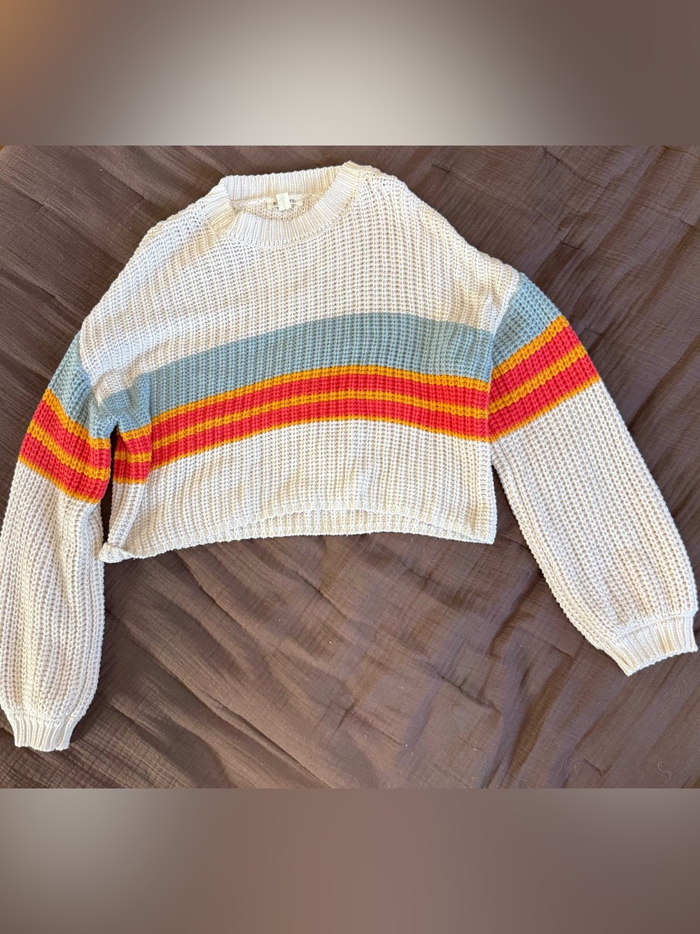 Cropped Cream Knit Sweater with Blue, Red and Yellow Stripe Accents